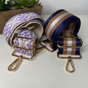 Adjustable Purse Straps Purple Geometric & Navy Gold Striped Crossbody Set